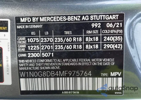 2021 Mercedes-Benz Glc 300 Suv из США, поврежденный, VIN W1N0G8DB4MF975764